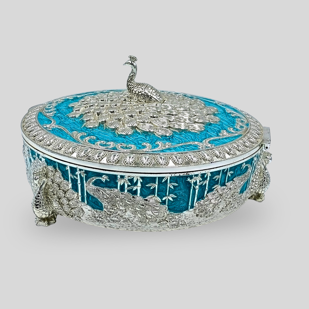 Luxury Peacock Dry Fruit Box with Lid | Silver Plated Decorative Serving Box | Round Candy, Chocolate & Mithai Storage Box | 21 × 21 × 11 cm | 1015g