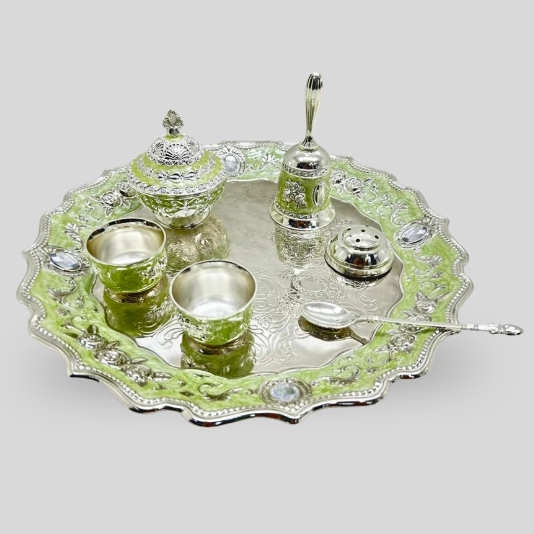 Luxury Silver Plated Pooja Thali Set with 2 Cups, Bell, Kumkum Box & Spoon | Decorative Prayer Tray | Wedding, Housewarming & Diwali Gift | 29 × 29 × 11 cm
