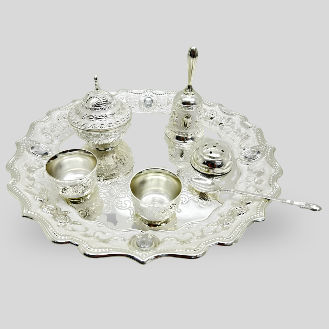 Luxury Silver Plated Pooja Thali Set with 2 Cups, Bell, Kumkum Box & Spoon | Decorative Prayer Tray | Wedding, Housewarming & Diwali Gift | 29 × 29 × 11 cm