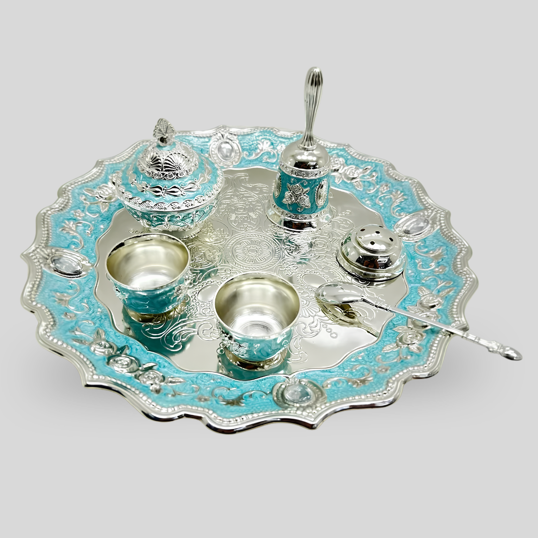 Luxury Silver Plated Pooja Thali Set with 2 Cups, Bell, Kumkum Box & Spoon | Decorative Prayer Tray | Wedding, Housewarming & Diwali Gift | 29 × 29 × 11 cm