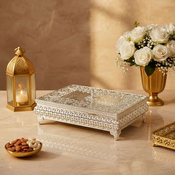 Luxury Silver Plated Dry Fruit Box with Lid – Decorative Dry Fruit Storage Box | Mithai, Chocolate & Candy Serving Box | Wedding, Diwali & Housewarming Gift
