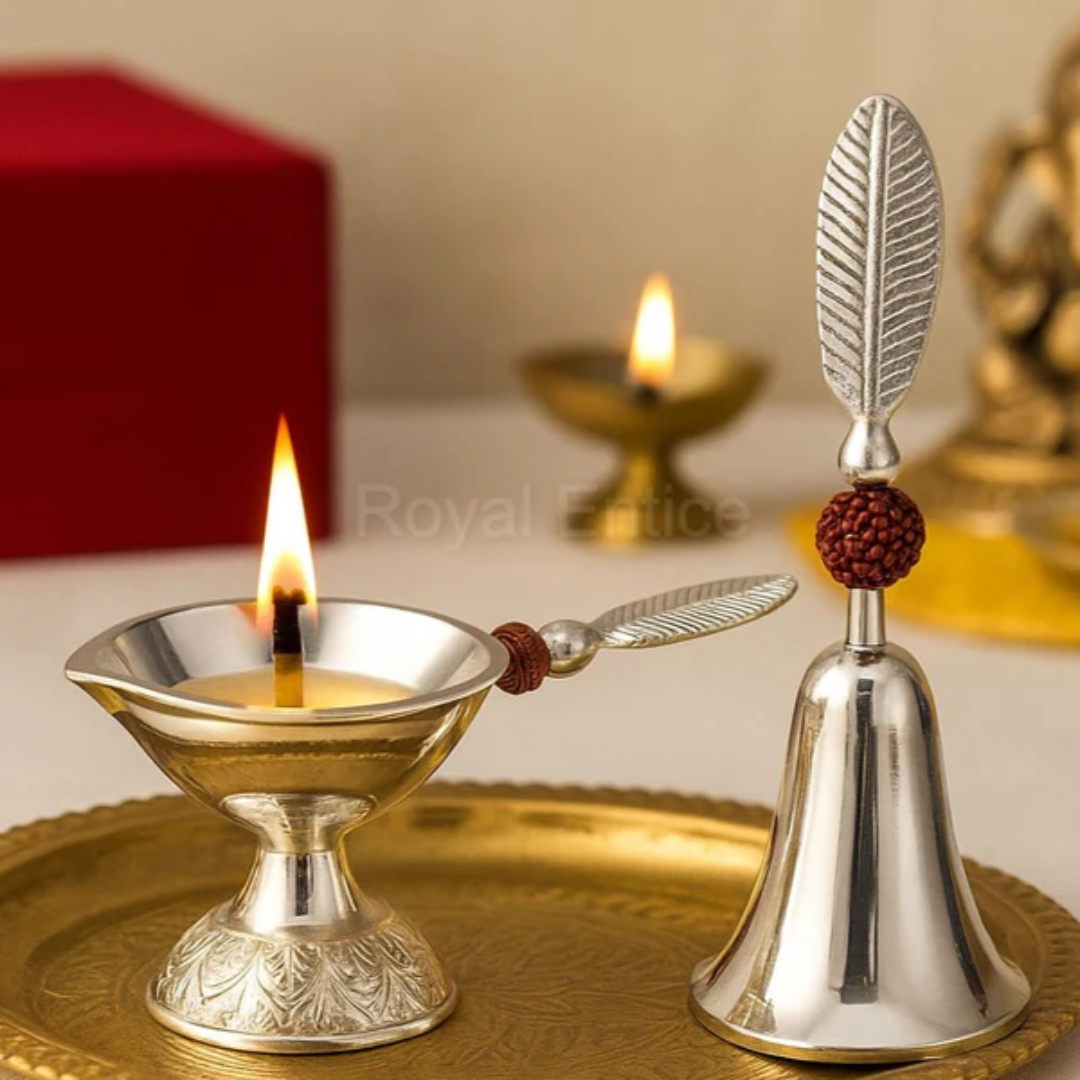 Gold & Silver Plated Pooja Bell and Diya with Rudraksha in Velvet Box Brass Puja Bell & Aarti Combo for Hindu Pooja Ghanti Bell & Deepak,Temple Bell & Diya Article Fine Quality Heavy