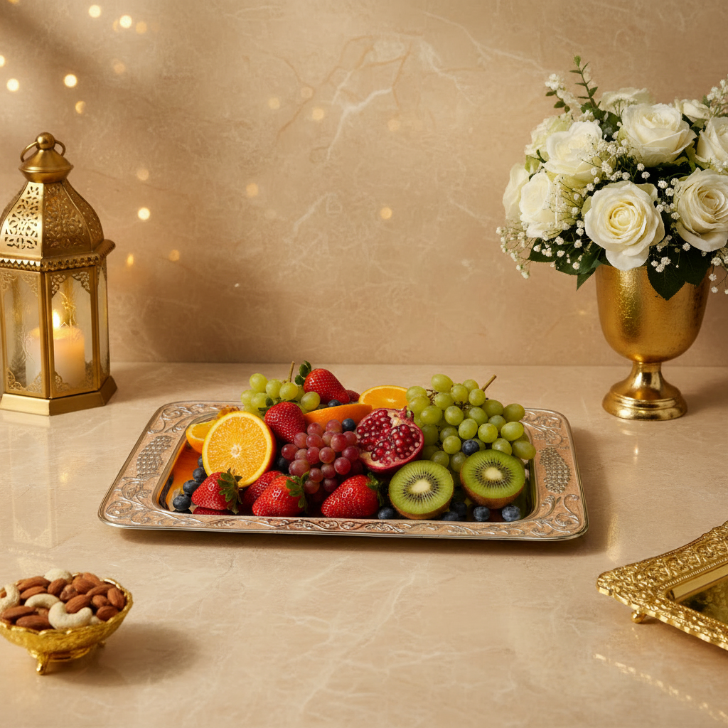 Silver Rectangle Serving Tray (15 inches) | Best Gift for Diwali, Wedding, Anniversary & Housewarming | Elegant Decorative Tray for Dry Fruits, Sweets & Snacks (Peach)