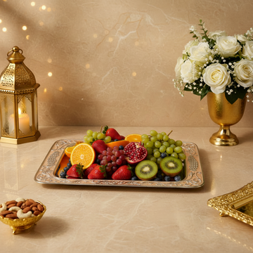 Silver Rectangle Serving Tray (15 inches) | Best Gift for Diwali, Wedding, Anniversary & Housewarming | Elegant Decorative Tray for Dry Fruits, Sweets & Snacks (Peach)