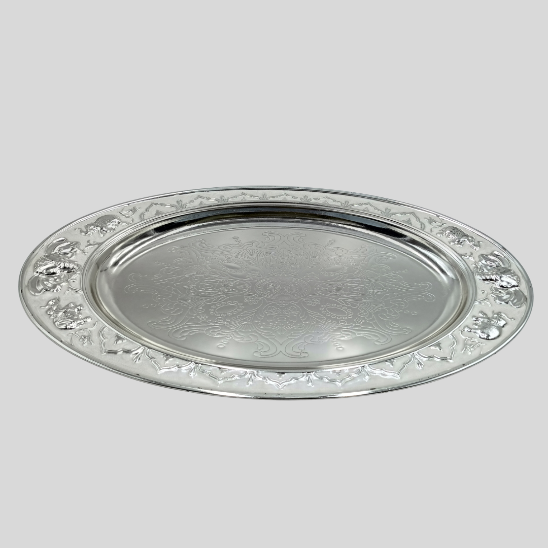 Silver Oval Serving Tray Best Gift for Diwali, Wedding, Anniversary & Housewarming | Elegant Decorative Tray for Dry Fruits, Sweets & Snacks White