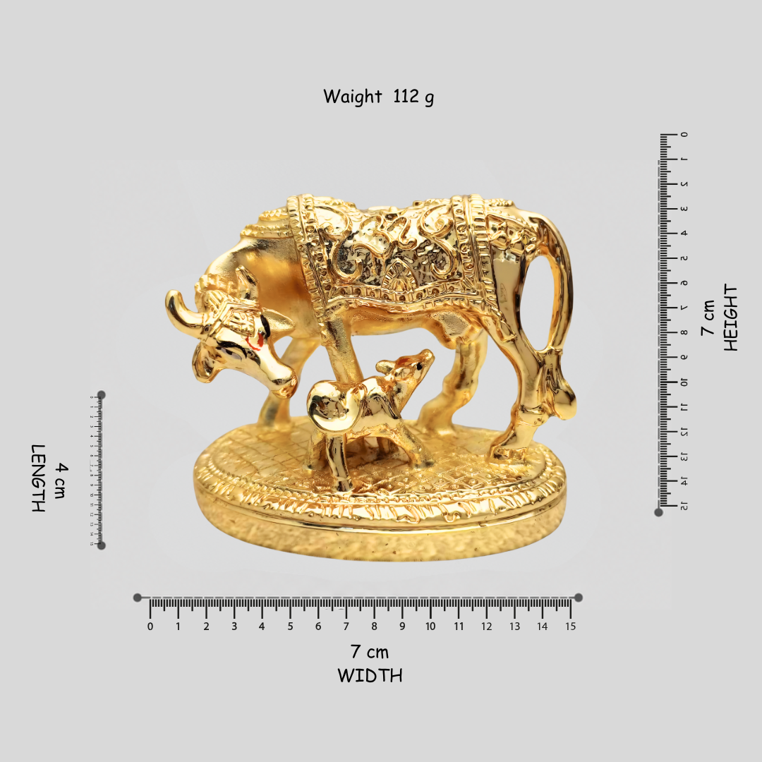 24 Ct Gold Finish Hindu Idol Kamdhenu Cow with Calf Statue | Vastu Home Decor | Pooja Room Showpiece