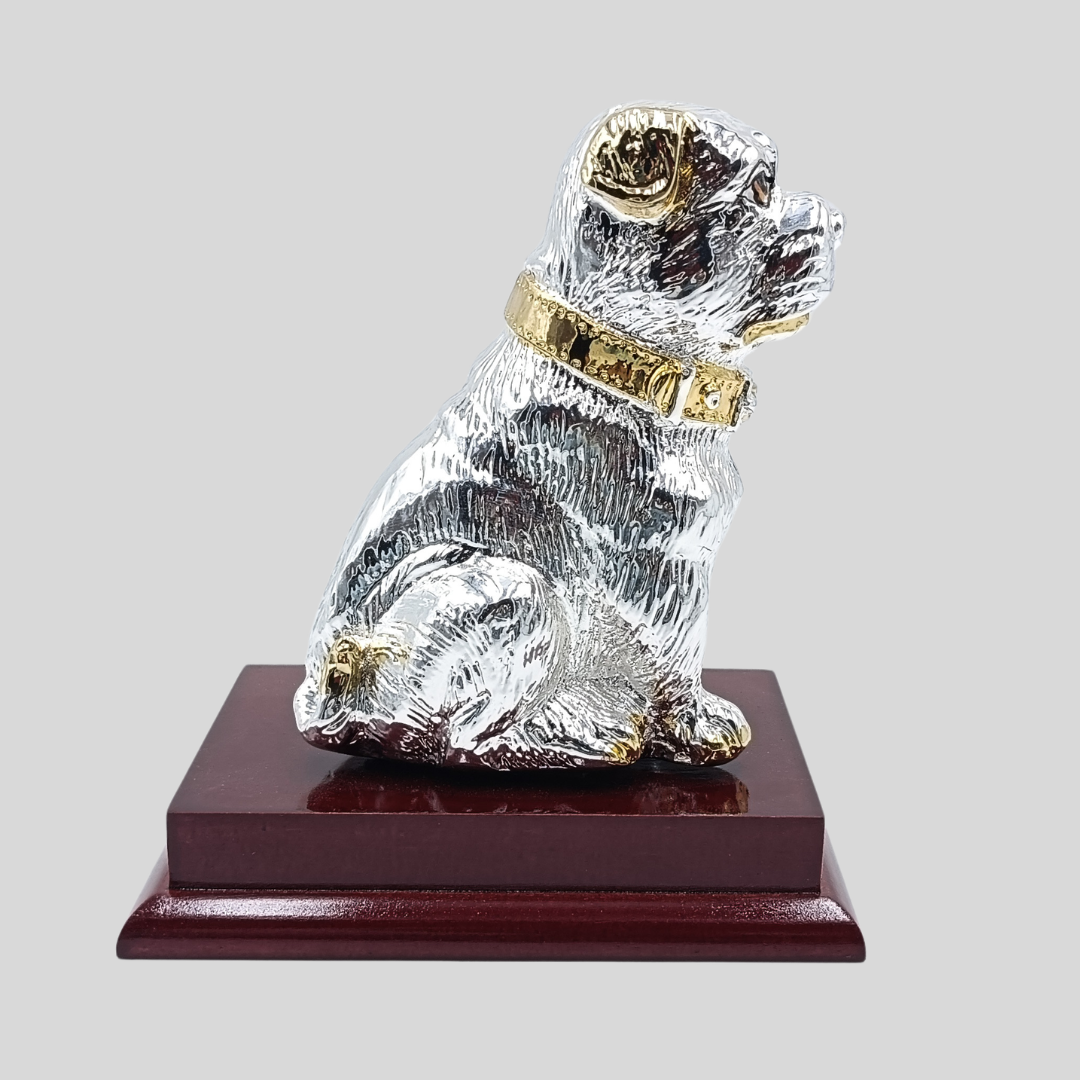 Silver Plated Puppy Dog Figurine on Wooden Base | Luxury Dog Statue | Pet Lover Gift | Home Office Desk Decor | Collectible Animal Sculpture