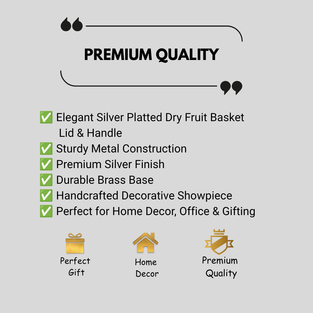 Luxury Silver Plated Dry Fruit Basket with Lid & Handle | Decorative Gift Hamper Basket | Wedding Return Gift | Premium Fruit Serving Basket | 17 cm