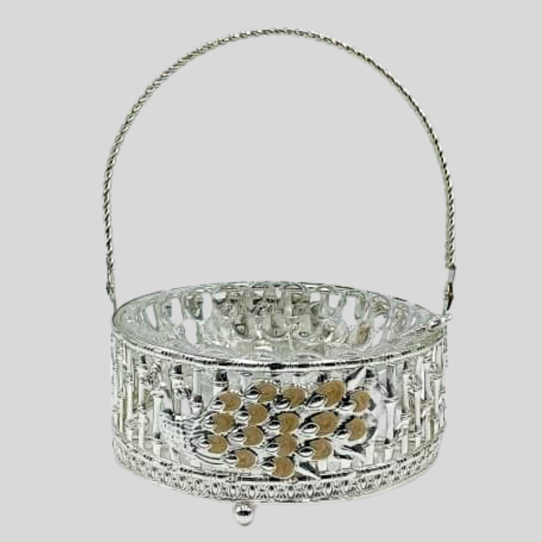 Silver Platted Peacock Handle Basket with Glass Bowl For Gifts / Home Decor