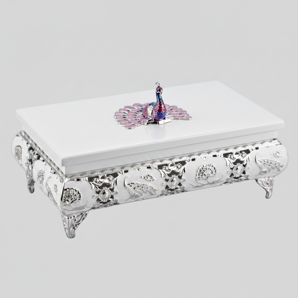 Silver Plated Peacock Dry Fruit Box with Lid | Peacock Decorative Dry Fruit Storage Box | Premium Mithai, Chocolate & Gift Box