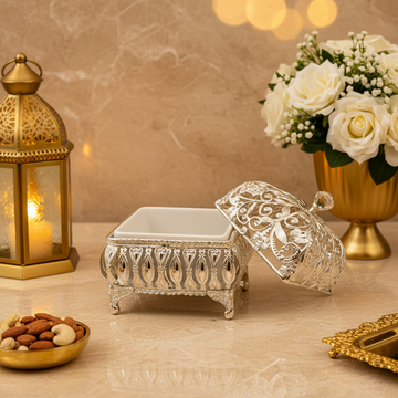 Luxury Silver Plated Decorative Storage Box with Ceramic Insert & Lid | Jewelry Box | Dry Fruit Box | Candy Container | Home Decor Gift
