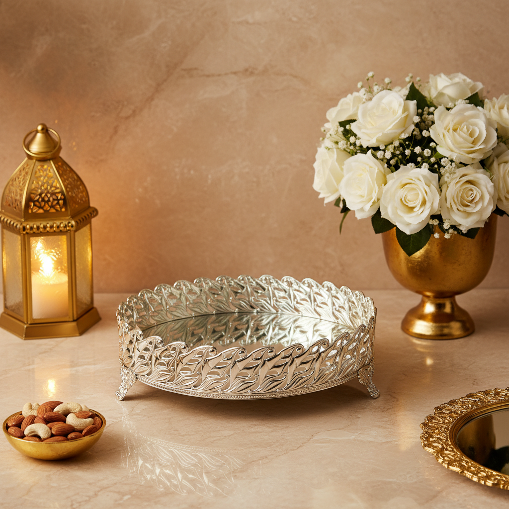 Luxury Silver Plated Round Serving Tray | Decorative Fruit Basket | Dry Fruit Platter | Centerpiece Bowl | Wedding Gift | Home Decor