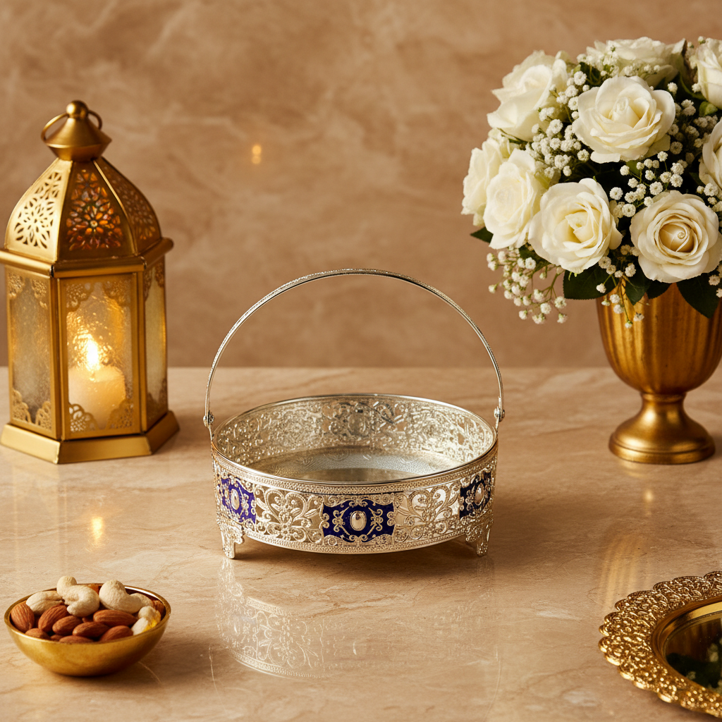 Luxury Silver Plated Round Fruit Basket with Handle | Decorative Dry Fruit Tray | Wedding Gift Basket | Centerpiece Home Decor