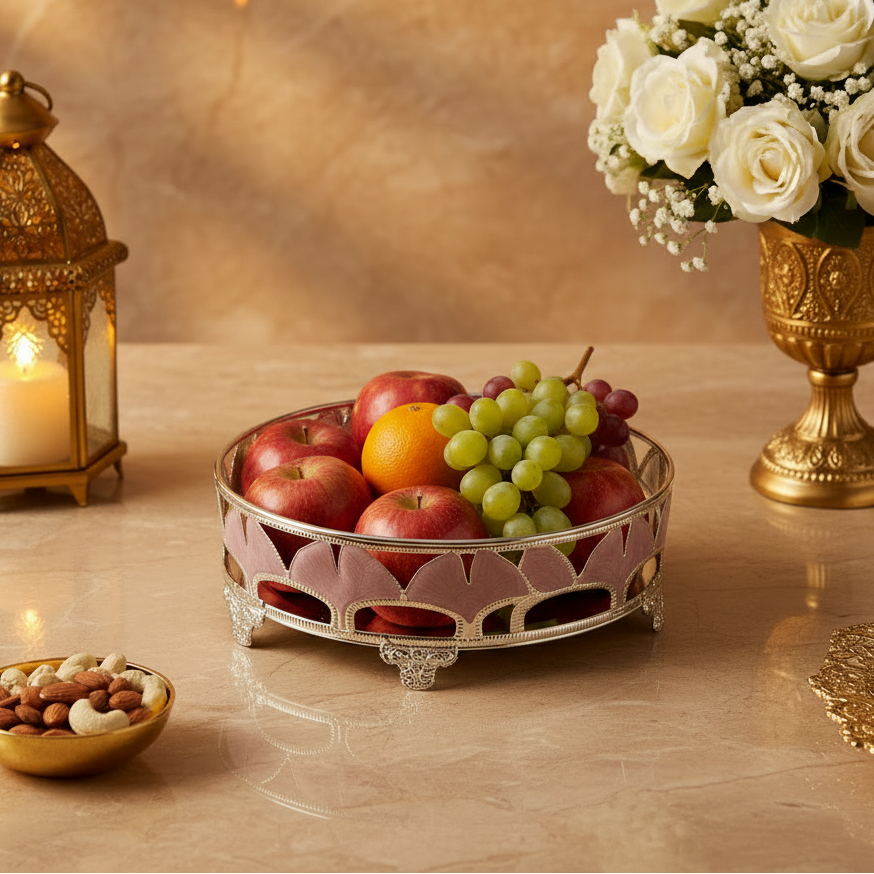 Luxury Silver Plated Round Serving Tray | Decorative Fruit Basket | Dry Fruit Platter | Wedding Centerpiece | Housewarming Gift