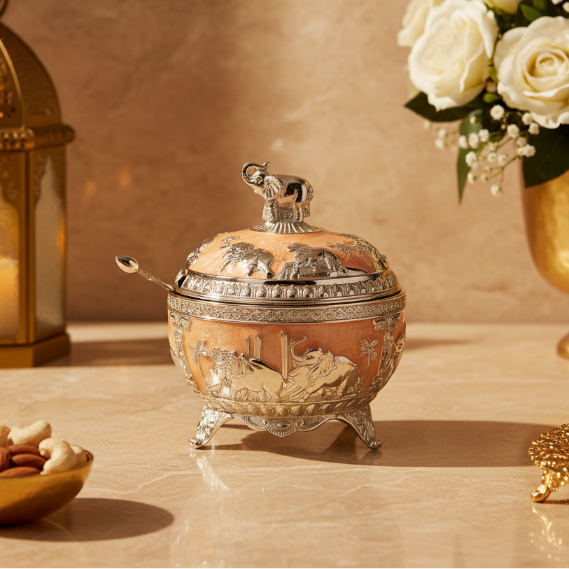 Luxury Silver Plated Elephant Sugar Bowl with Spoon | Decorative Candy Jar with Lid | Dry Fruit Container | Tea Coffee Serving Gift