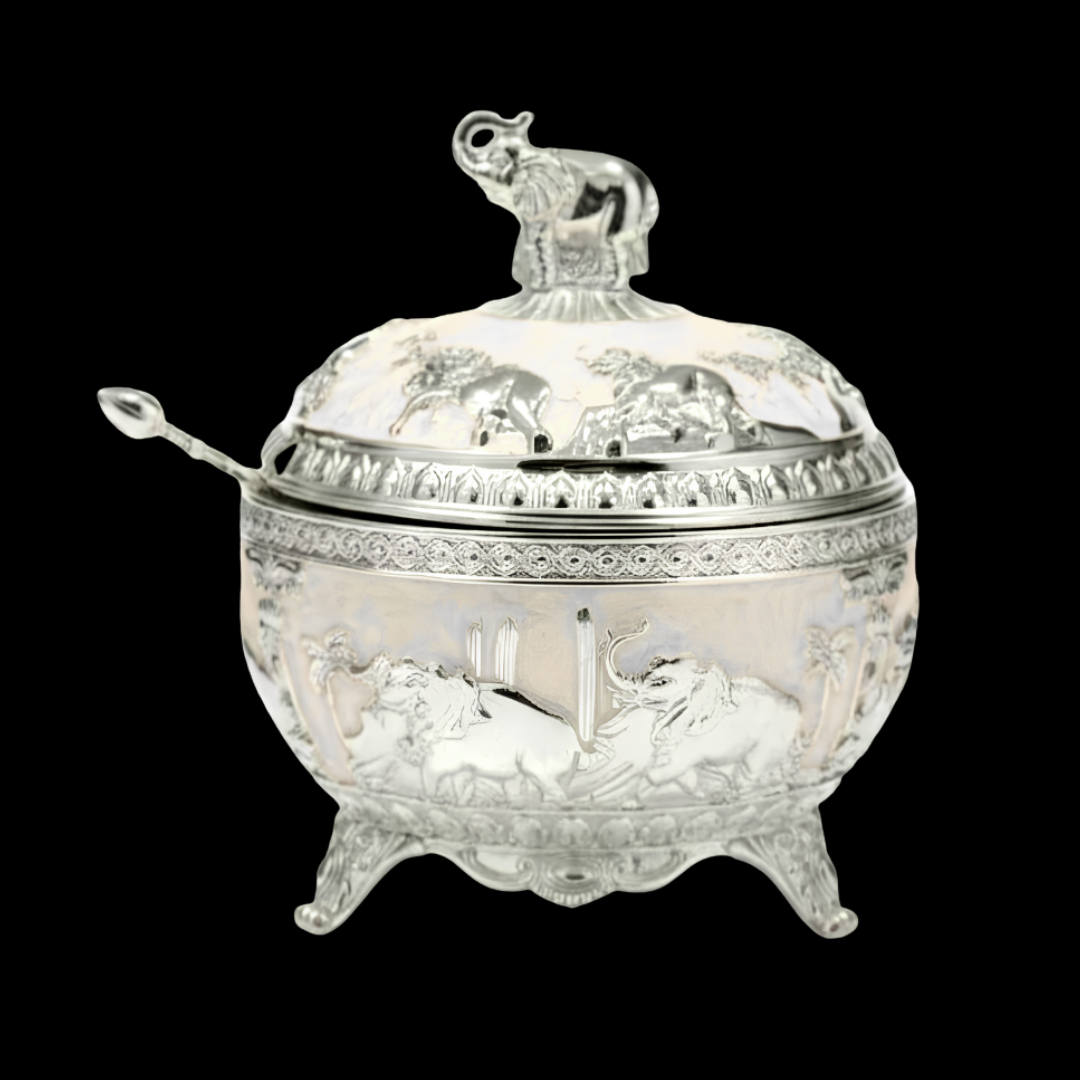 Luxury Silver Plated Elephant Sugar Bowl with Spoon | Decorative Candy Jar with Lid | Dry Fruit Container | Tea Coffee Serving Gift