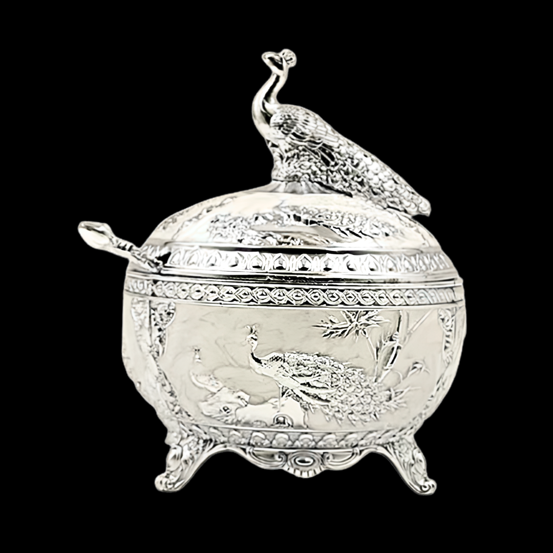 Silver Peacock Decorative Storage Box with Lid, Luxury Dry Fruit Box, Jewelry Organizer, Candy Box, Silver Plated Trinket Box, Wedding Gift