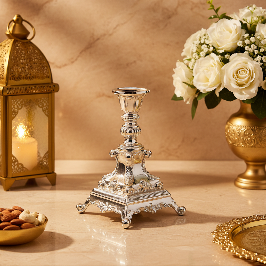 Silver-Plated Enamel Baroque Candle Stand / Home Decor