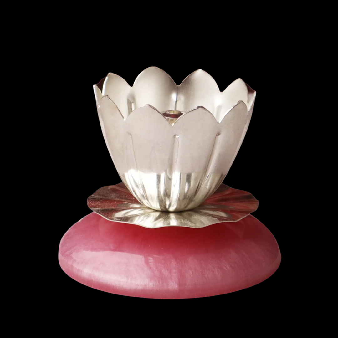 Lotus Light - Silver Platted Diya with Rose Quartz Base Pink Stone