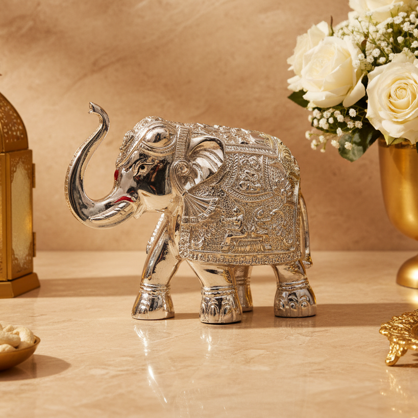 Silver Plated Elephant Ganesh Design Figurine | Ideal for Home Decor, Table Decor and Gifting