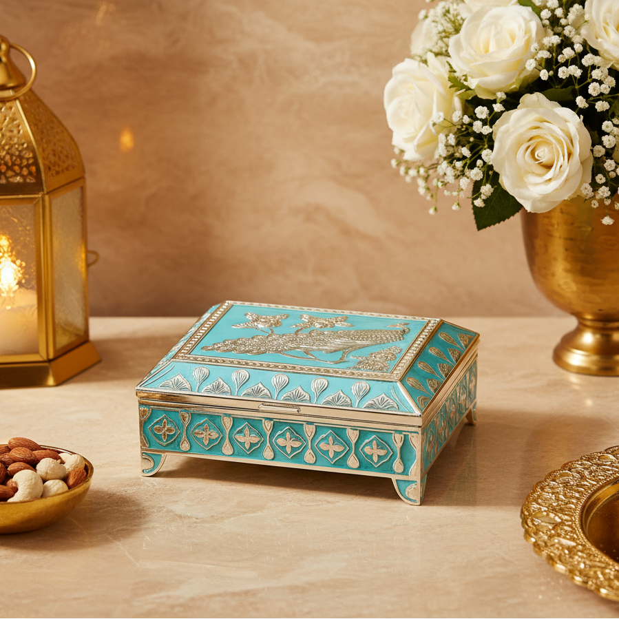 Decorative Jewellery Storage Box – Elegant Silver Finish Gift Box for Weddings, Home Décor & Keepsake Storage