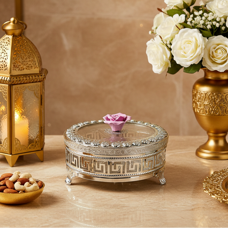 An ornate oval silver-toned jewelry box with a clear glass lid, decorated with a Greek key pattern and small feet, topped with a pink rose on a black background.