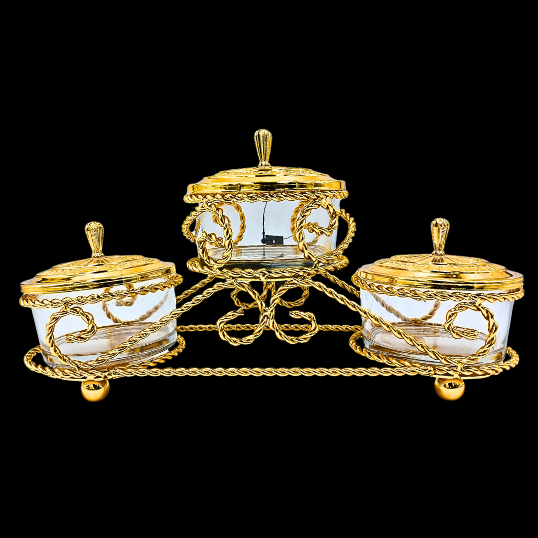 Luxury 3 Jar Dry Fruit Serving Set with Gold Stand | Premium Glass Candy & Snack Storage Bowls | Decorative Serving Tray | Wedding & Housewarming Gift | 30 × 10 × 22 cm | 1070 g