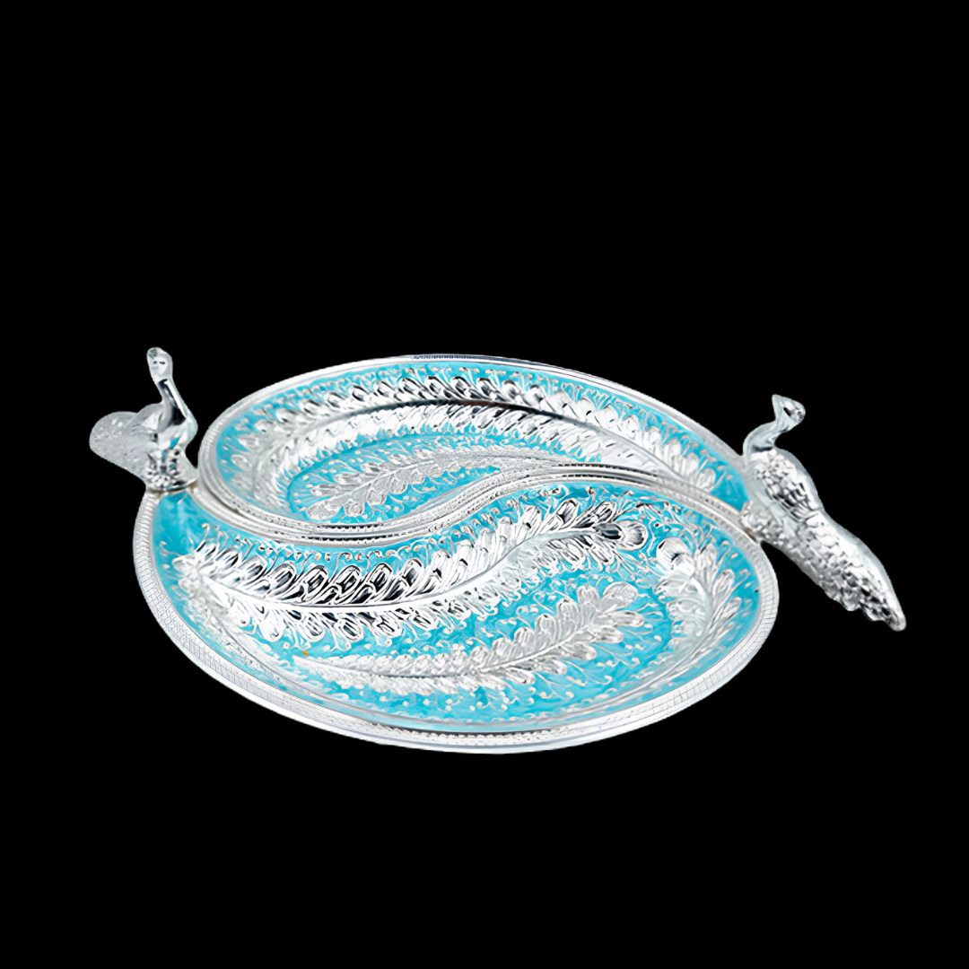 Luxury Silver Plated Peacock Dry Fruit Serving Tray | Decorative 2 Section Snack Platter | Candy, Nuts & Mukhwas Serving Dish | Wedding & Housewarming Gift | 25 × 25 × 8 cm | 400 g