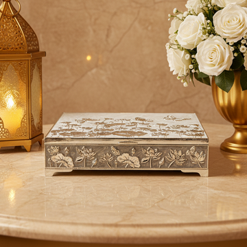 Luxury Silver Plated Dry Fruit Box with Lid | Lotus Floral Decorative Dry Fruit Storage Box | Premium Mithai, Chocolate & Gift Box | Wedding, Diwali & Housewarming Gift