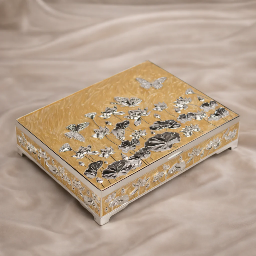 Luxury Silver Plated Dry Fruit Box with Lid | Lotus Floral Decorative Dry Fruit Storage Box | Premium Mithai, Chocolate & Gift Box | Wedding, Diwali & Housewarming Gift
