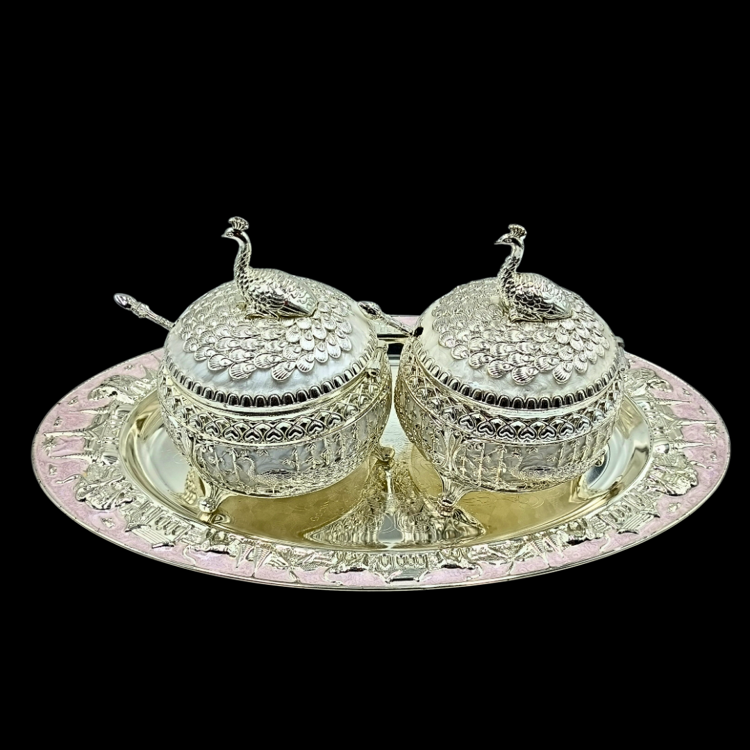 Silver Plated Peacock Dry Fruit Serving Bowl with Tray & Lids | Decorative Candy & Nut Container | Wedding, Diwali & Housewarming Gift | 37 × 22 × 14 cm