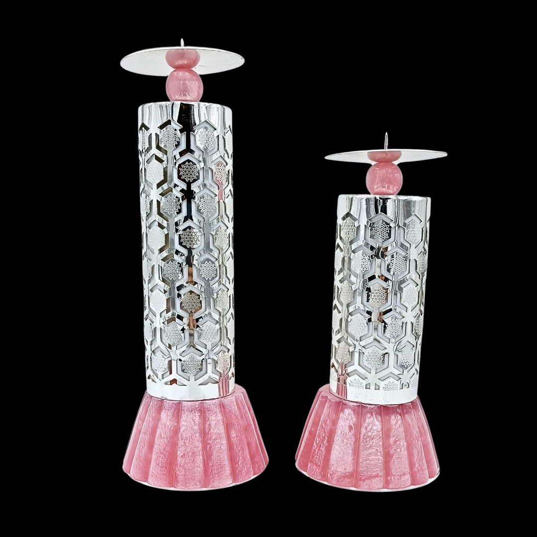 Set of 2 Luxury Silver Plated Candle Holders with Pink Marble Base