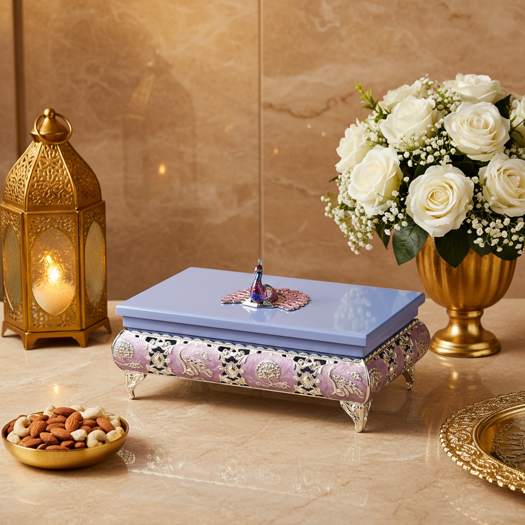 Silver Plated Peacock Dry Fruit Box with Lid | Peacock Decorative Dry Fruit Storage Box | Premium Mithai, Chocolate & Gift Box