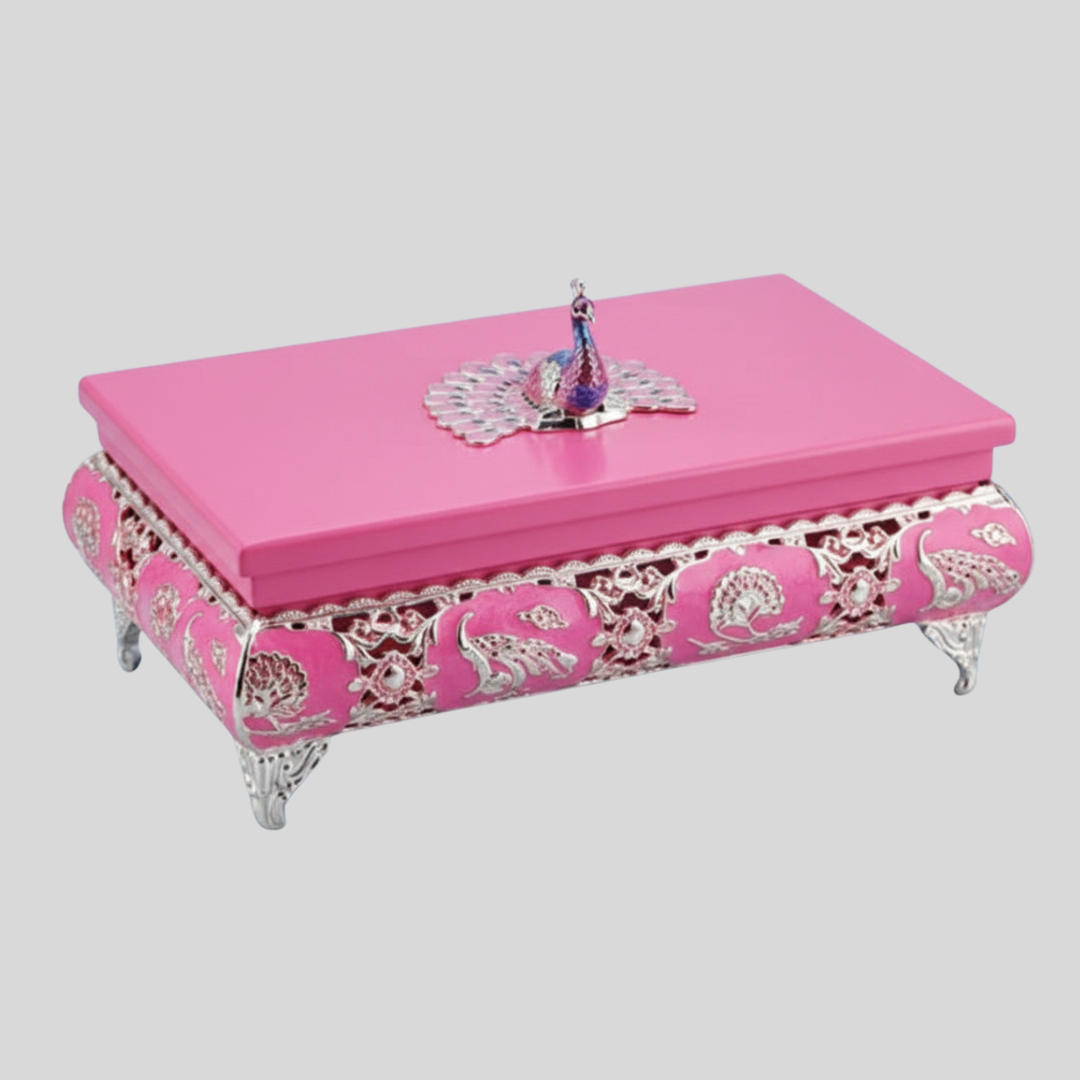 Silver Plated Peacock Dry Fruit Box with Lid | Peacock Decorative Dry Fruit Storage Box | Premium Mithai, Chocolate & Gift Box