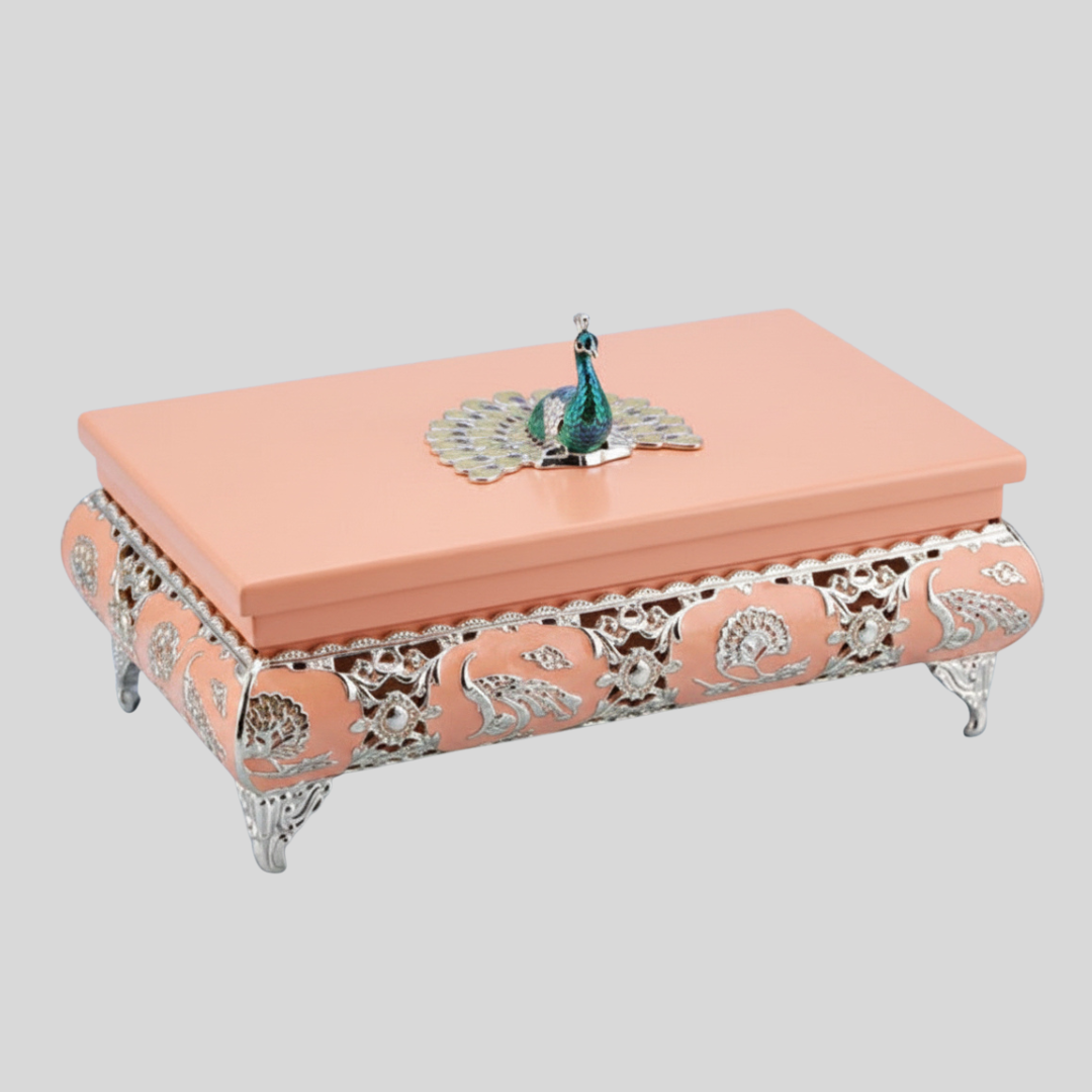 Silver Plated Peacock Dry Fruit Box with Lid | Peacock Decorative Dry Fruit Storage Box | Premium Mithai, Chocolate & Gift Box