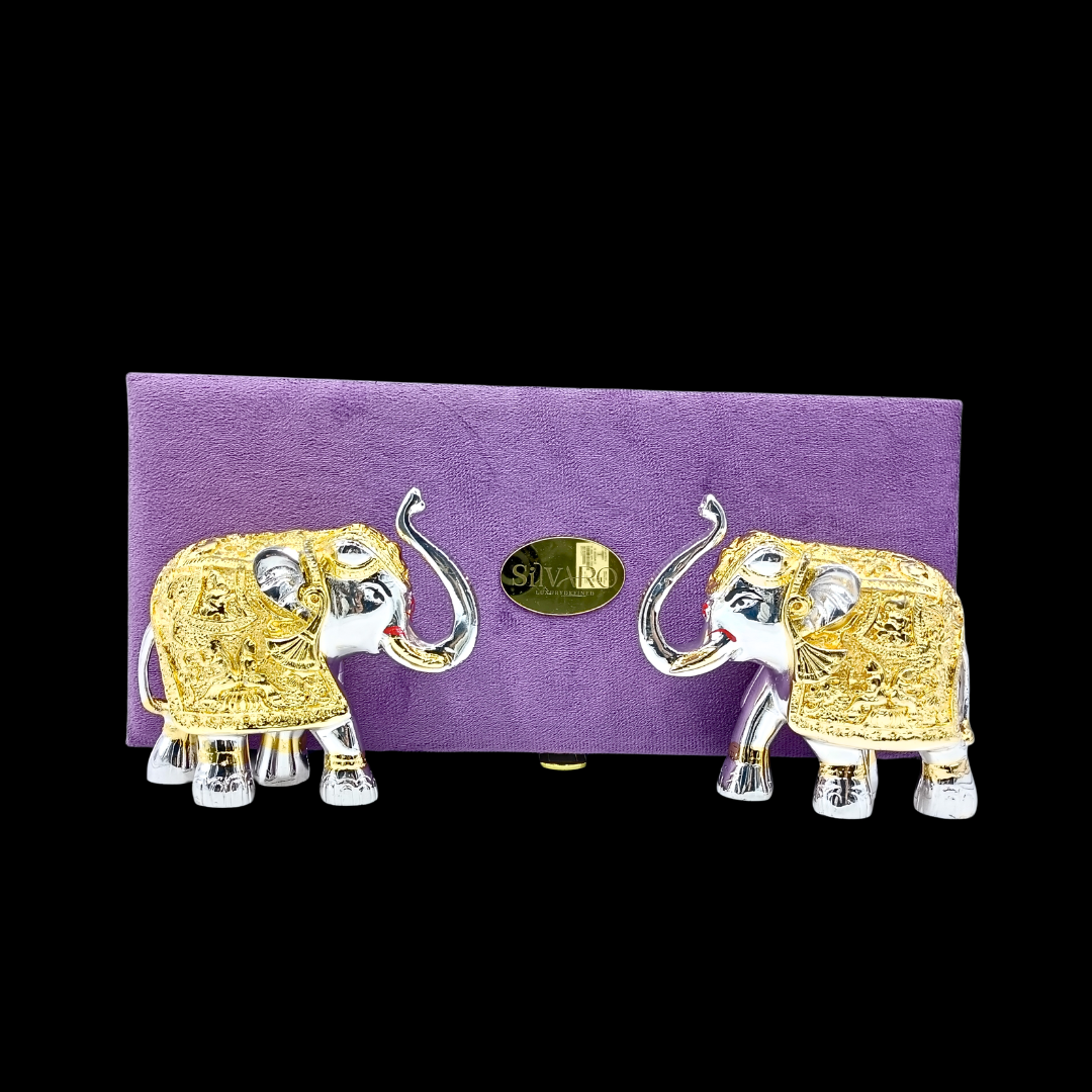 Pair of Gold & Silver Elephant Figurines | Lucky Elephant Statue Set | Luxury Home Decor | Vastu Feng Shui Gift | Office Desk Decor