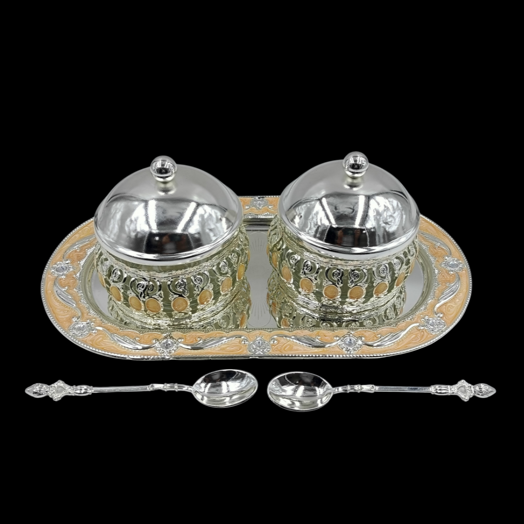 Silver Plated Mukhwas Set with Tray & Spoons | Double Mouth Freshener Serving Bowls | Dry Fruit Server | Wedding Gift