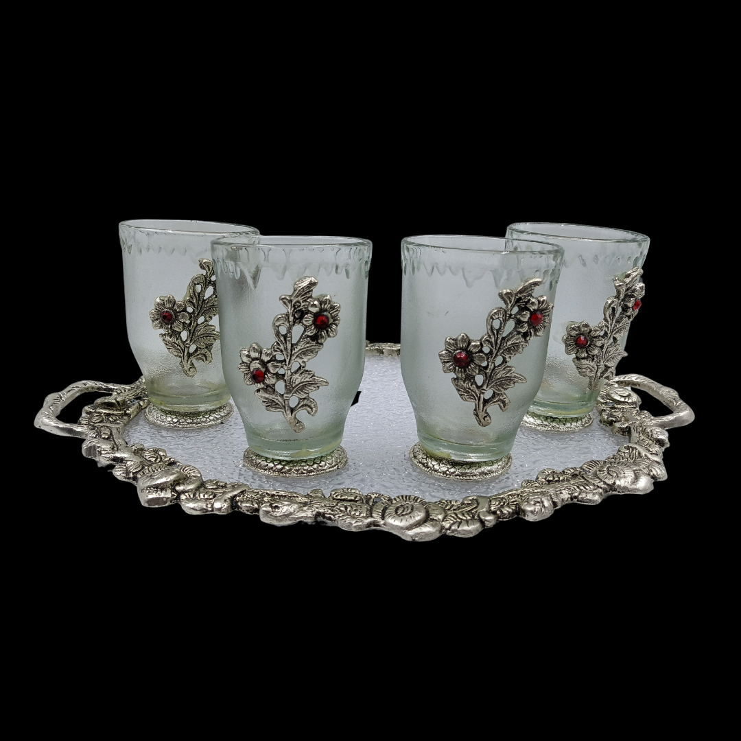 Silver Plated Glass Tea Cup Set with Decorative Serving Tray | 6 Designer Cups | Wedding Gift | Coffee Mug Set