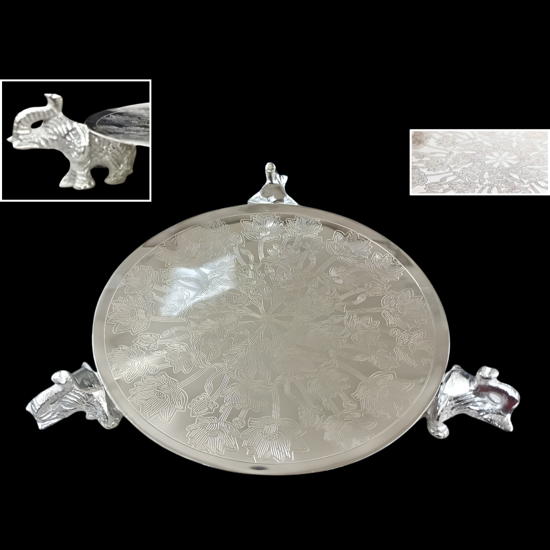 Silver Plated Elephant Serving Tray | Decorative Round Platter | Dry Fruit & Sweet Serving Plate | Wedding & Housewarming Gift