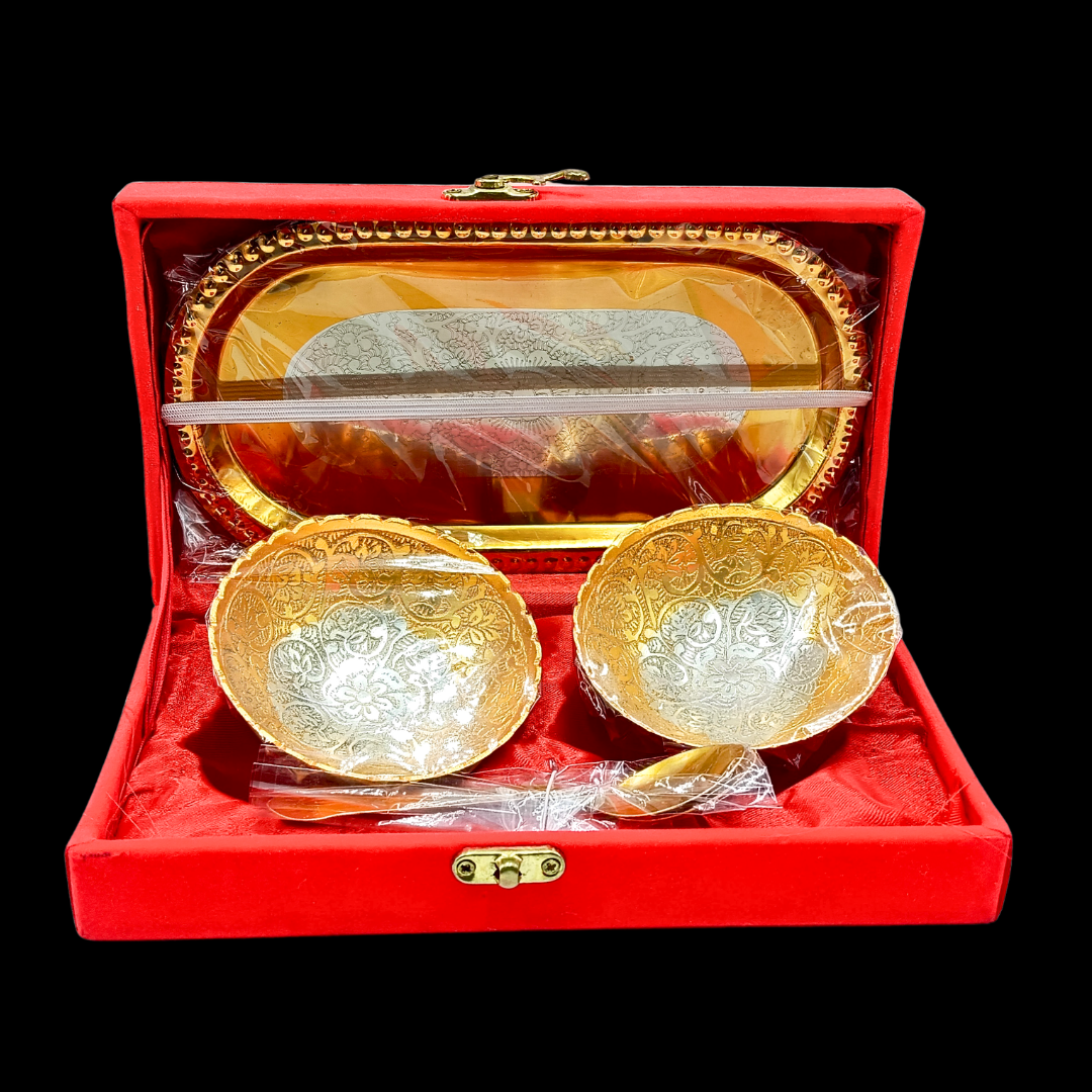 German Silver Bowl & Spoon Tray Set with Velvet Box (4 Inch)