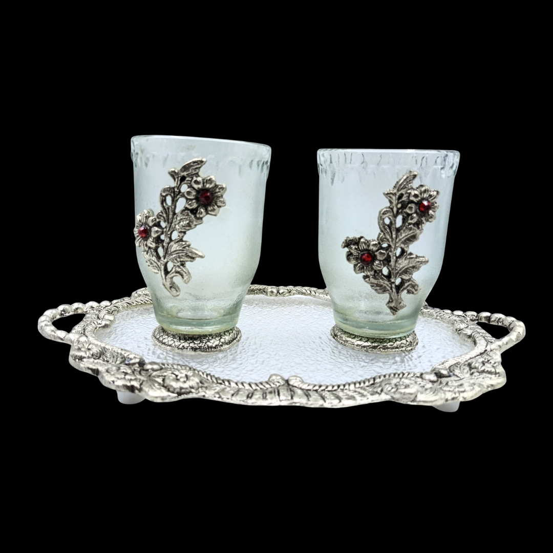 Silver Plated Glass Tea Cup Set with Decorative Serving Tray | 6 Designer Cups | Wedding Gift | Coffee Mug Set