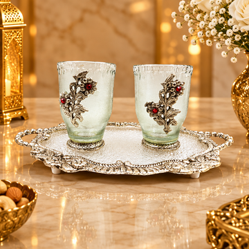 Silver Plated Glass Tea Cup Set with Decorative Serving Tray | 2 Designer Cups | Wedding Gift | Coffee Mug Set