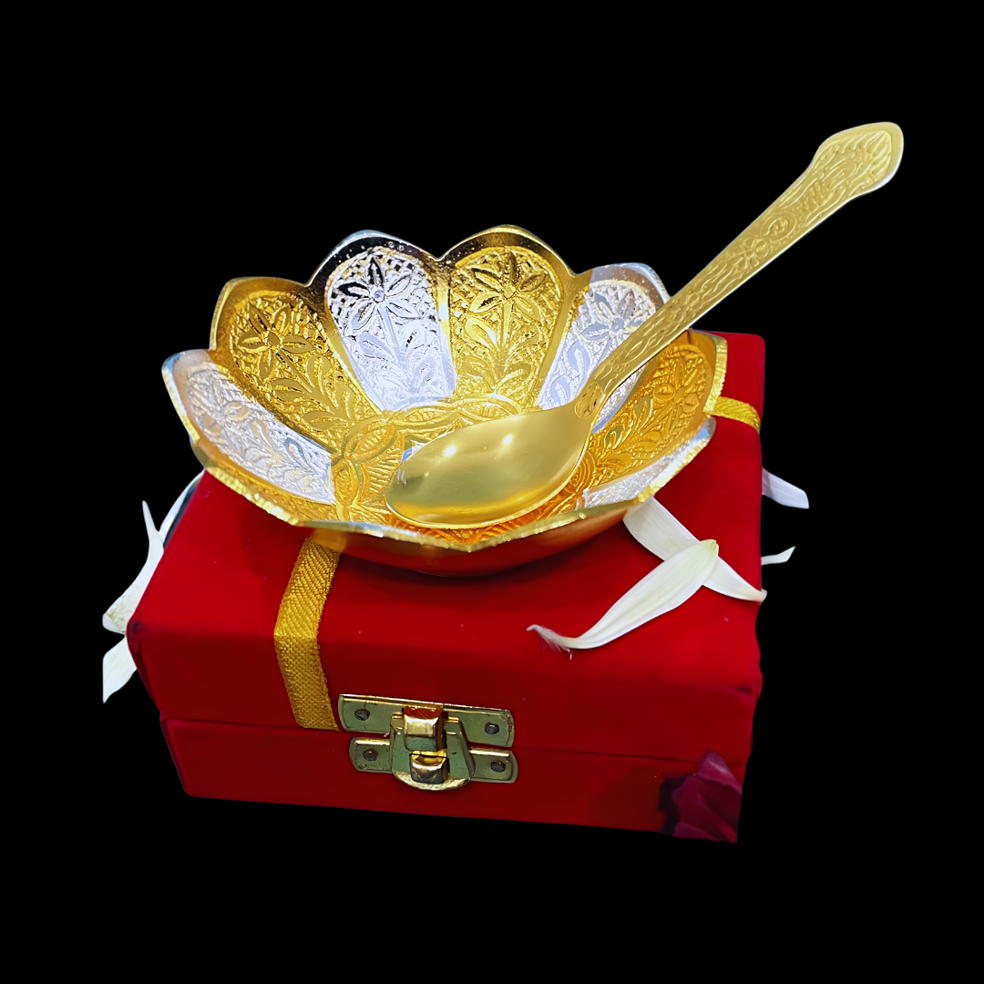 Lotus Gold Silver Bowl & Spoon Set with Velvet Box (4 Inch)