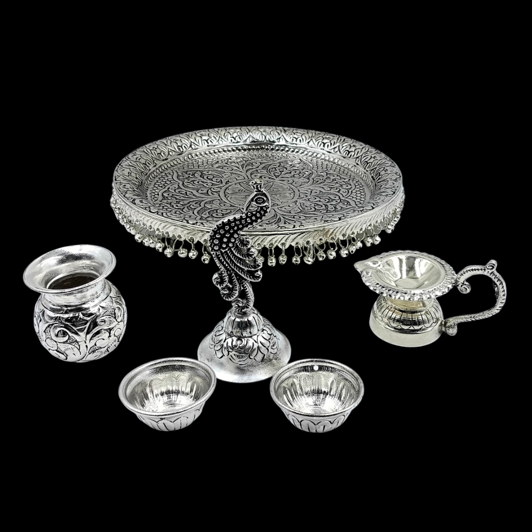 Silver Plated Peacock Pooja Thali Set | Decorative Aarti Thali | Wedding Gift | Housewarming Gift | Festive Home Decor | 30x30x8 cm