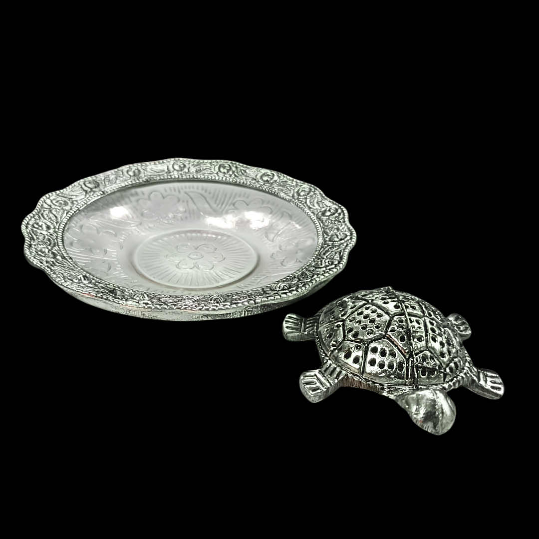 Golden Silver Tortoise on Marble Plate | Feng Shui Turtle Showpiece | Decorative Home Decor | Vastu Gift | Office Desk Decor | Housewarming Gift