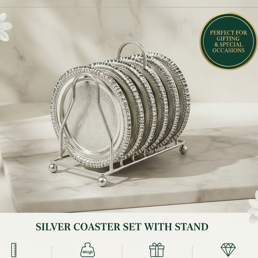 Luxury Silver Tea Cup Coaster Set with Stand | 6 Metal Tea Cup Plates | Decorative Coaster Holder | Housewarming Gift