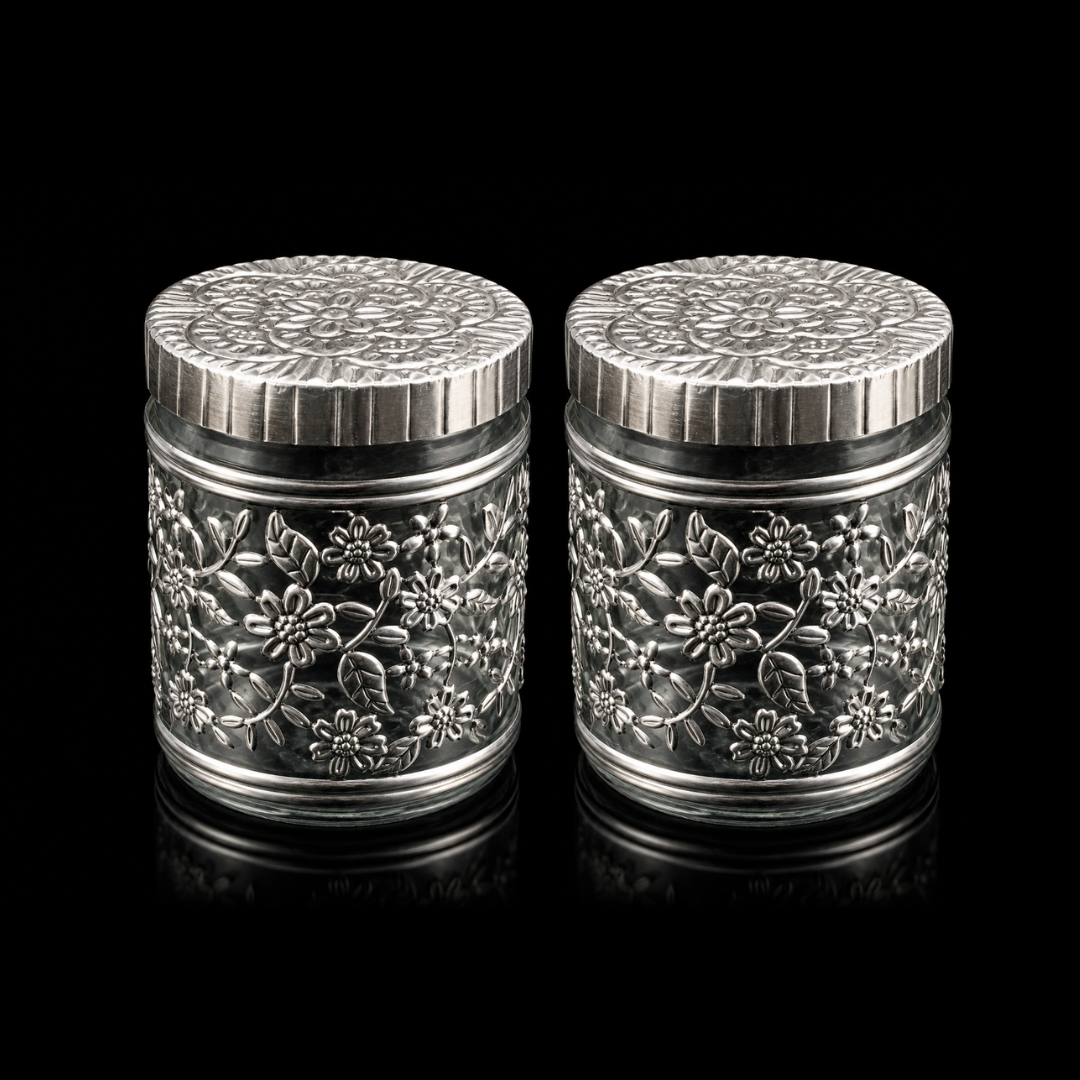 Silver 2 Floral Glass Storage Jar with Embossed Lid | Luxury Decorative Crystal Container | Candy Cookie Dry Fruit Jar | Elegant Gift