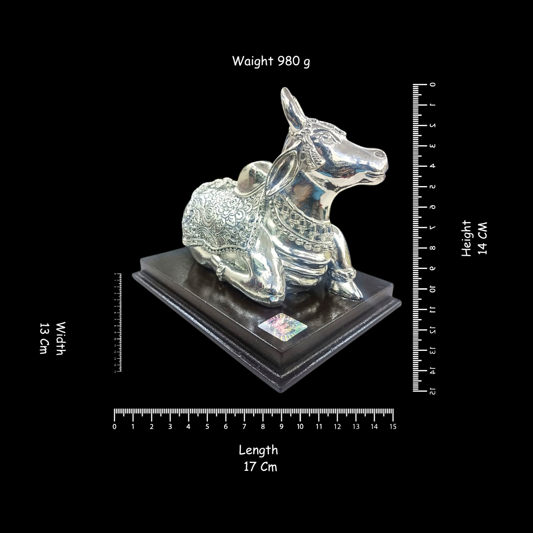 999 Pure Silver Nandi Bull Statue | Intricately Engraved Hindu Nandi Idol | Luxury Silver-Plated Home Décor | Temple & Pooja Room Decoration | Gift