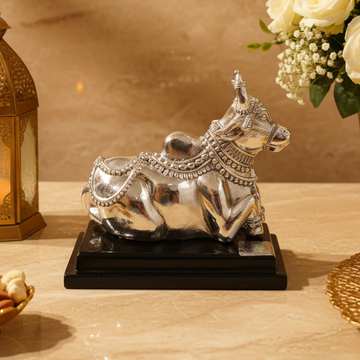 999 Pure Silver Nandi Bull Medium Statue | Intricately Engraved Hindu Nandi Idol