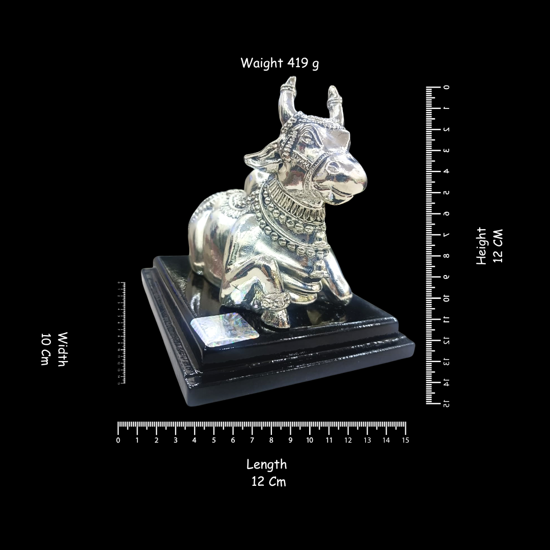 999 Pure Silver Nandi Bull Medium Statue | Intricately Engraved Hindu Nandi Idol
